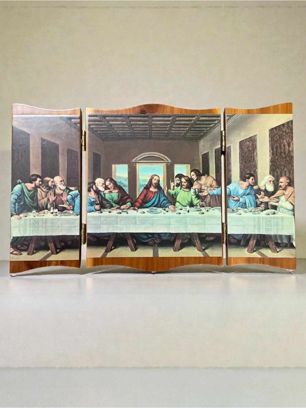 Vintage Wooden Triptych Tabletop Screen Featuring The Last Supper